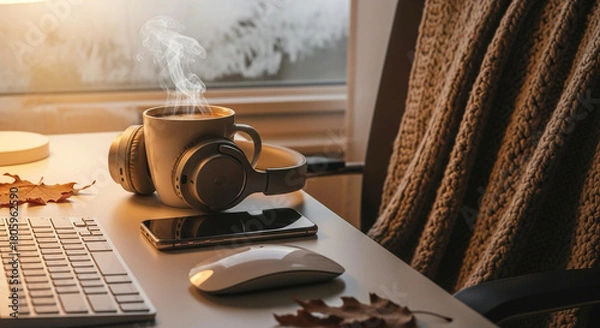 Fototapeta Cozy autumn workspace with steaming coffee, headphones, and frosted window view, perfect for relaxation, study, or remote work inspiration during the fall season