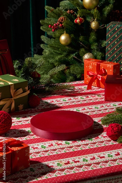 Obraz A simple holiday tabletop with a red plate, gifts, and a decorated tree. The composition feels minimal but festive, fitting for Christmas menus or product ads.