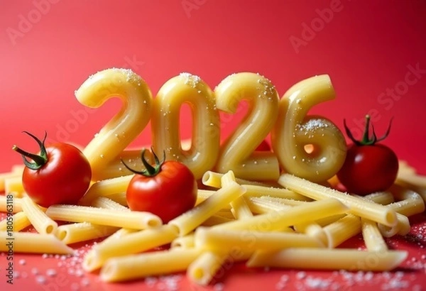 Fototapeta Penne numerals 2026 amid scattered penne and cherry tomatoes, rustic kitchen styling with parmesan and coarse salt. New Year cooking banner for restaurants or cafe.