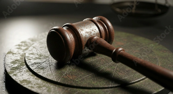Fototapeta Capture justice with this rustic gavel and scales in a dramatic, shadowed setting - perfect for legal blogs, law firm websites, or true crime podcasts looking for authenticity