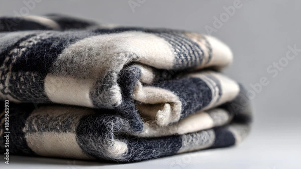 Fototapeta Cozy plaid blanket folded neatly, offering warmth and comfort for a relaxing home ambiance, perfect for autumn and winter scenes.