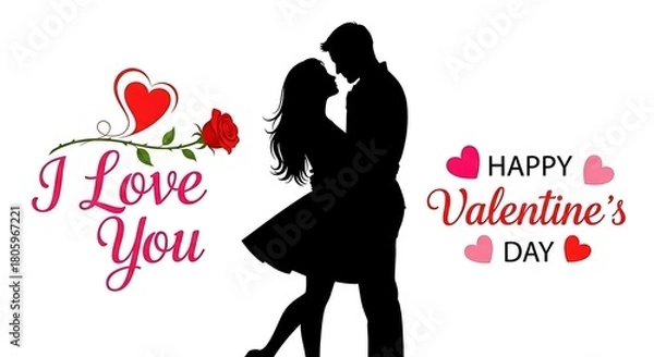Fototapeta Romantic silhouette of a couple in love embracing with valentines day greetings, rose and heart isolated on white background perfect for cards and banners