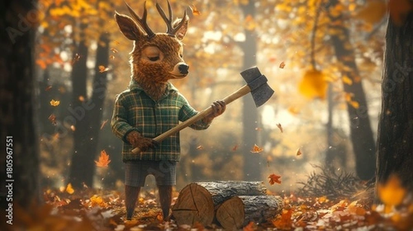 Fototapeta Anthropomorphic deer in a flannel shirt holding an axe in an autumn forest scene