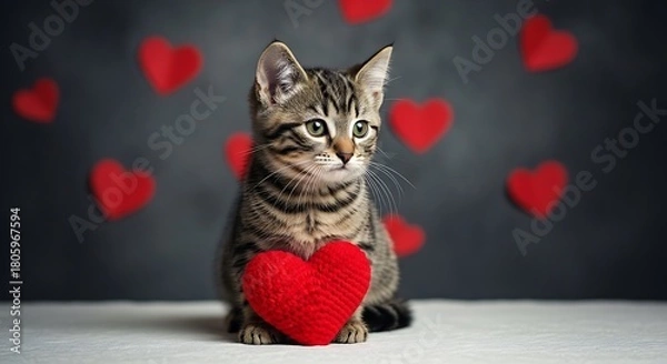 Fototapeta Adorable tabby kitten with a red heart in its paws, surrounded by heartshaped decorations, creating a sweet and loving valentines day image