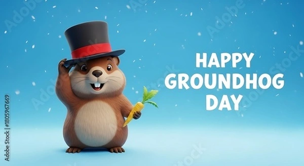 Fototapeta Cute groundhog wearing a top hat and holding a carrot, celebrating groundhog day with a cheerful expression on a blue background, happy groundhog day