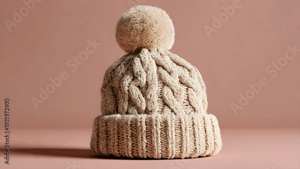 Fototapeta Cozy cream cable knit beanie with fluffy pompom, perfect for winter warmth and stylish cold weather adventures