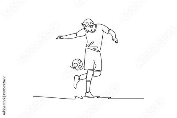 Fototapeta Single one line drawing young man soccer freestyle athlete bouncing ball off his foot with focused balance. Skill and dynamic control of sport. Continuous line draw design graphic vector illustration