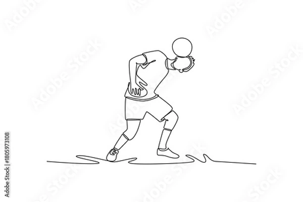 Fototapeta Continuous one line drawing young man soccer freestyle athlete bending low, expertly balancing ball on his chest, shoulder. Fluid movement control. Single line draw design vector graphic illustration