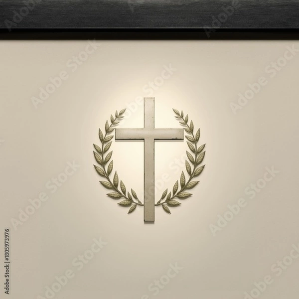 Fototapeta Christian cross surrounded by laurel wreath on a light background