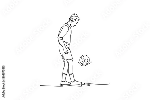 Obraz Single continuous line drawing young woman soccer freestyle athlete expertly juggling ball off her foot with focused control. Dynamic balance of sport. One line draw graphic design vector illustration