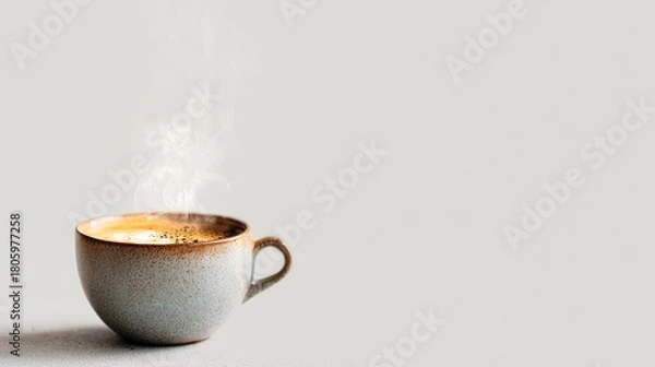 Fototapeta Steaming hot beverage in a neutral cup, on a light grey surface