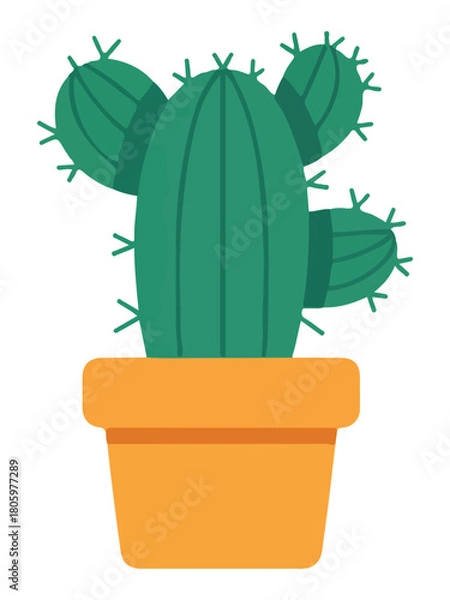 Obraz Spiky Green Multi-Armed Cactus in Orange Pot Flat Illustration