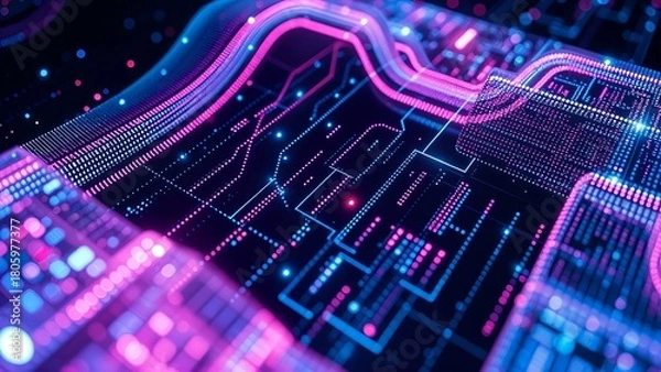 Obraz virtual digital circuit board fluorescent with neon line intricate network of electrical path and component