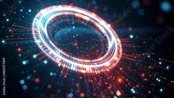 Obraz futuristic glowing energy ring in a digital matrix particle, interconnected lines and dots, starry cosmic sci-fi background