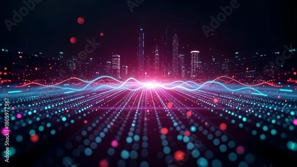 Obraz digital cityscape building neon LED light with skyscraper and digital wave landscape under dark sky