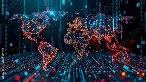 Obraz world map with digital data stream network grid, global connectivity and technology, cyberpunk style