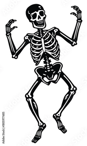 Obraz Dancing skeleton silhouette set in vintage Halloween style, spooky festive bone characters dancing