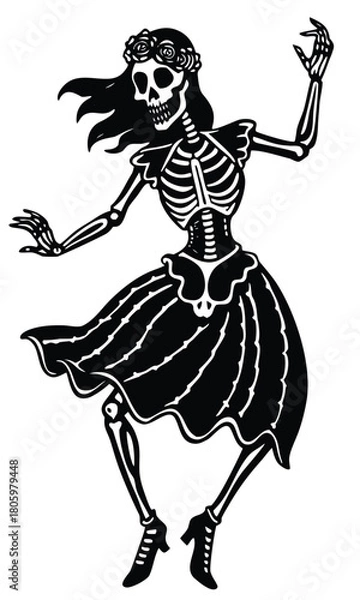 Fototapeta Dancing skeleton woman silhouette set in vintage Halloween style, spooky festive bone characters dancing
