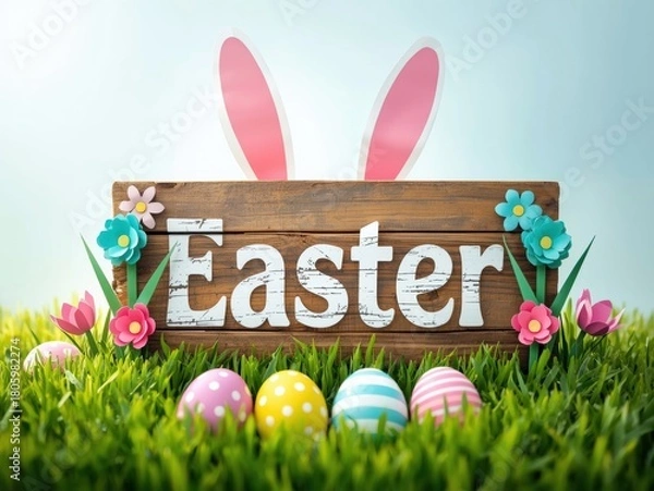 Obraz Easter bunny ears behind wooden sign with decorated eggs in green grass