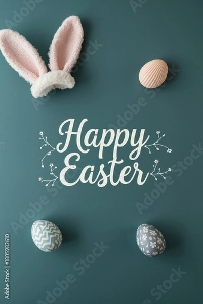 Obraz Happy easter greeting with bunny ears and decorated eggs on a dark background