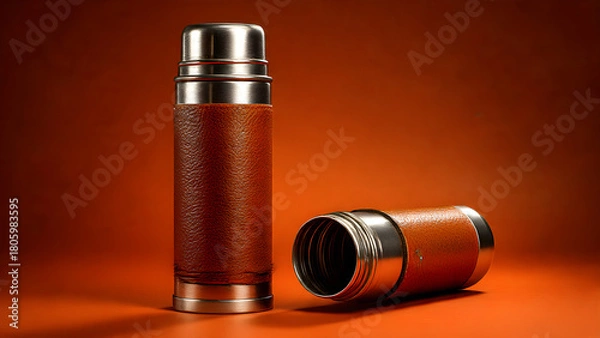 Fototapeta Elegant vintage thermos flask with rich leather texture and polished metal accents, perfect for outdoor adventures and sophisticated travel
