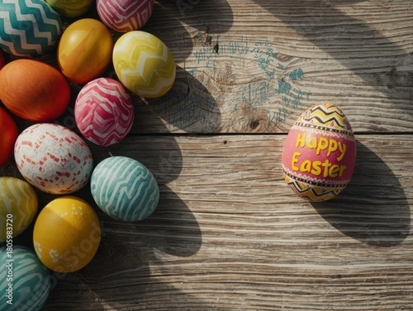 Obraz Colorful easter eggs arranged on a rustic wooden surface with one egg saying happy easter