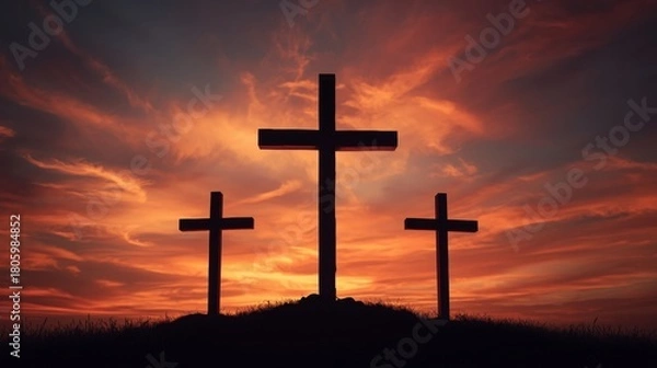 Obraz Three crosses silhouetted against a dramatic fiery sunset sky