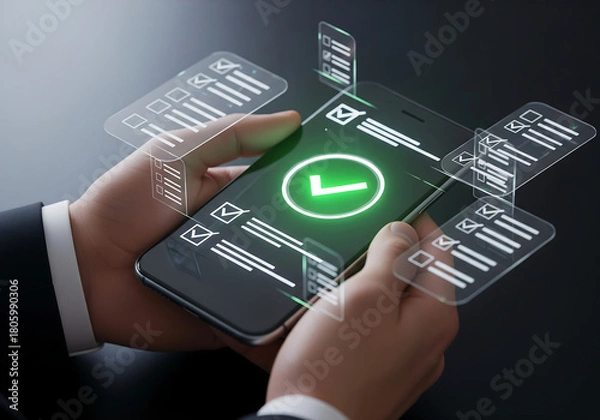 Fototapeta Hands holding smartphone with digital checklist and checkmark mobile phone to-do list isolated on a transparent background