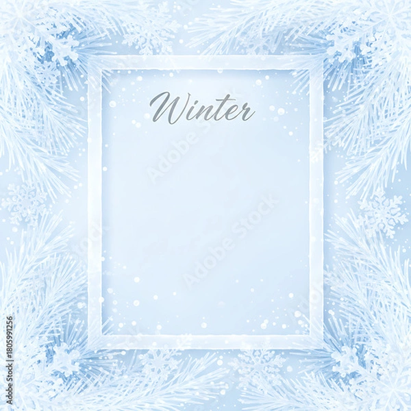 Obraz Elegant Winter Frame Template with Frosted Paper Cut Snowflakes and Pine Needles - Blue Silver Holiday Border Design, wallpaper