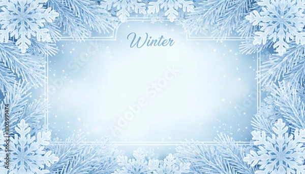 Obraz Elegant Winter Frame Template with Frosted Paper Cut Snowflakes and Pine Needles - Blue Silver Holiday Border Design, wallpaper