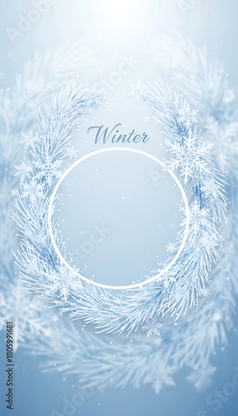 Obraz Elegant Winter Frame Template with Frosted Paper Cut Snowflakes and Pine Needles - Blue Silver Holiday Border Design, wallpaper