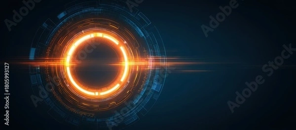 Fototapeta Futuristic technology interface design with glowing orange circular digital elements and blue geometric patterns. Abstract tech concept showing advanced digital display and modern user interface in cy