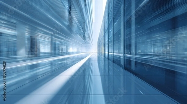 Obraz Abstract Blurred Glass Building Interior with Blue Light and Shadows, 3D Rendering Business Concept. High quality