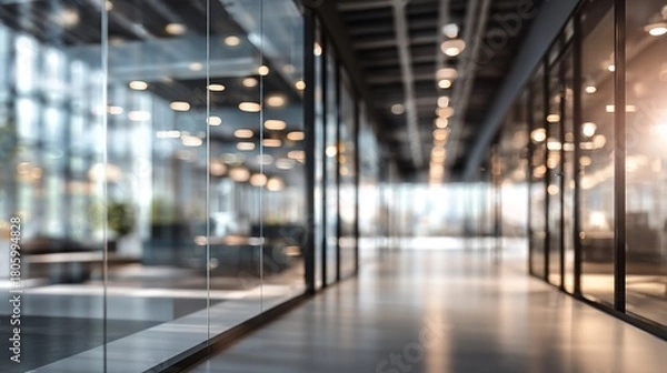 Fototapeta Modern blurred office space of a business building center. Glass wall with empty space. Blurred abstract light background for presentation and design. High quality