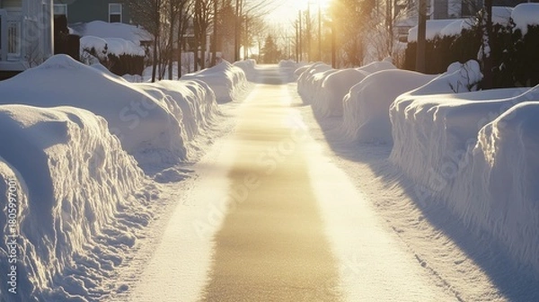 Fototapeta Snow-covered pathway illuminated by warm sunlight, flanked by high snowdrifts on either side, creating a serene winter scene with a tranquil atmosphere