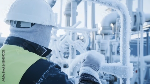 Fototapeta Worker in safety gear, wearing a hard hat and gloves, is inspecting frozen industrial pipes in a cold environment, showcasing the challenges of winter maintenance tasks