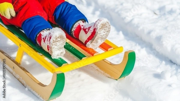 Fototapeta Child in colorful winter clothing is sitting on a wooden sled, enjoying a snowy landscape, with bright sunlight illuminating the scene, capturing the joy of winter activities