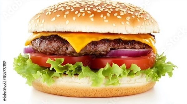 Fototapeta Juicy hamburger with sesame seed bun, melted cheese, fresh lettuce, tomato slices, and red onion, showcasing delicious ingredients in a mouthwatering presentation