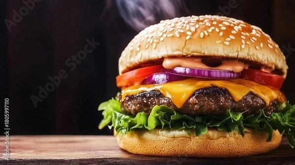 Fototapeta Juicy cheeseburger with melted cheddar, fresh lettuce, ripe tomatoes, red onions, and special sauce, served on a sesame seed bun, showcasing delicious fast food indulgence