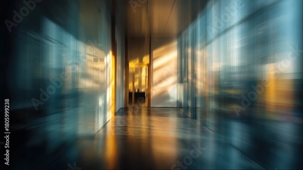 Fototapeta Contemporary Abstract Blurred Glass Office Building Interior with Light and Shadow Effects. High quality