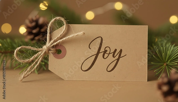 Fototapeta Rustic Kraft Paper Gift Tag with Hand-Scripted "Joy" and Natural Twine - Warm Christmas Holiday Decoration Close-up, background, wallpaper