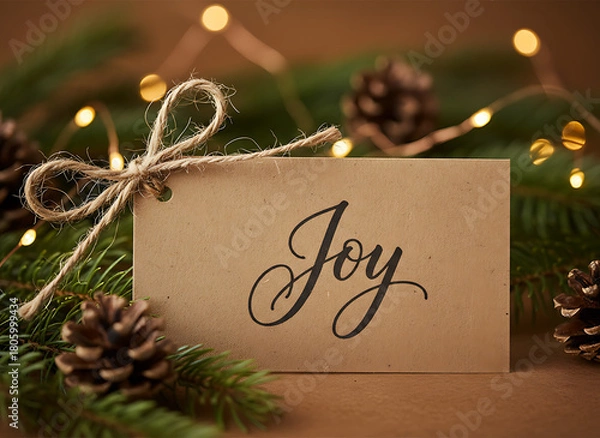 Fototapeta Rustic Kraft Paper Gift Tag with Hand-Scripted "Joy" and Natural Twine - Warm Christmas Holiday Decoration Close-up, background, wallpaper