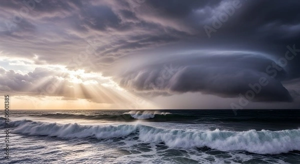 Obraz Dramatic storm clouds with sunbeams piercing the ocean waves under a vast sky