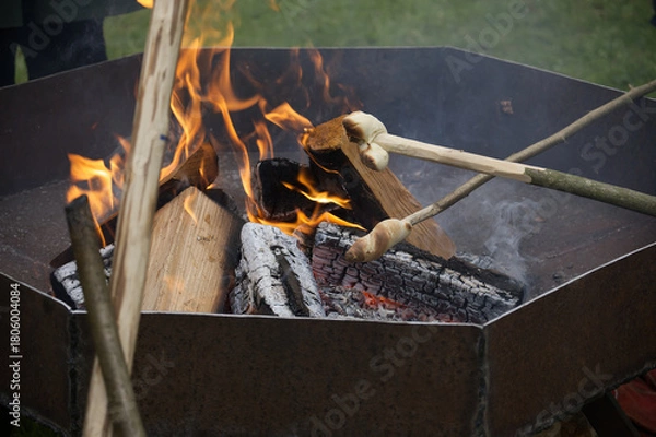 Obraz Campfire scene with bread being roasted over the flames, evoking warmth and nostalgia.