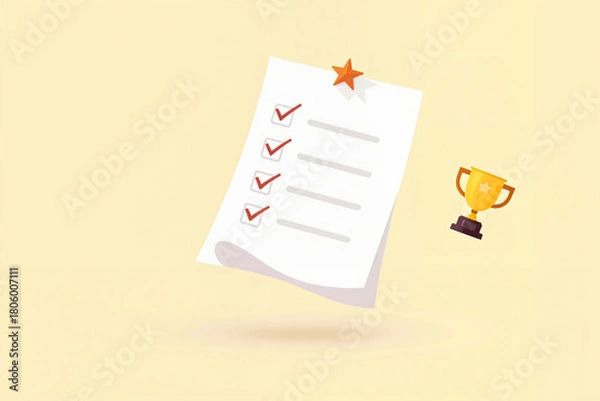 Fototapeta Cartoon checklist with a trophy, in minimalist pastel colors, representing success and achievement [with copy space]