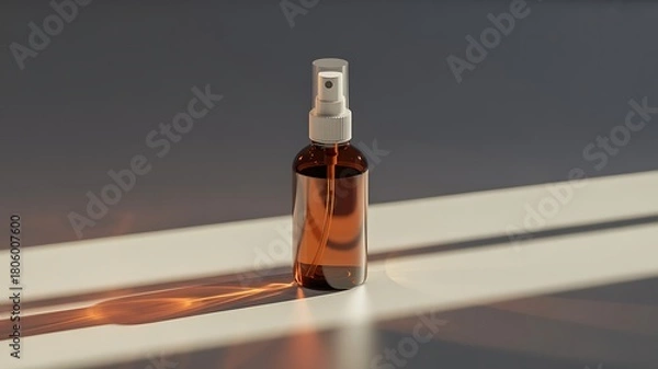 Obraz Amber glass spray bottle with natural serum and sunlight casting shadows