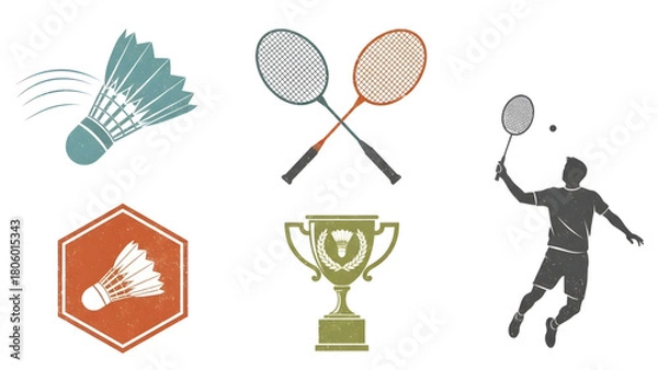 Fototapeta Engaging collection of badminton sport concept illustrations, featuring dynamic shuttlecocks, crossed rackets, an athletic player in action, and a symbolic championship trophy