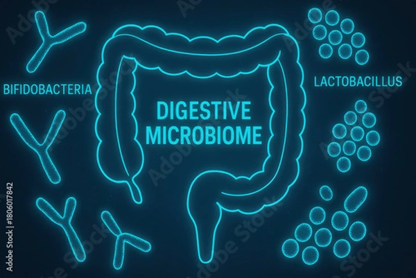Fototapeta Digestive microbiome gut health concept, scientific diagram showing bifidobacterium and lactobacillus bacterium inside intestine. positive visualization of probiotic function