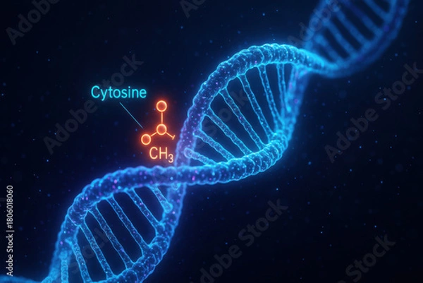Fototapeta Luminous visualization of DNA epigenome editing concept. This futuristic graphic shows methyl tag on cytosine for genetic regulation, representing groundbreaking discovery