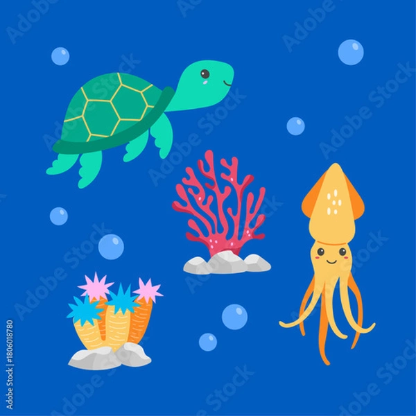 Obraz Hand drawn cute sea animals elements set